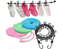 4-Pack Verstelbare Camping Waslijn met 12 Klemmen - Draagbare, Elastische Waslijn voor Buiten, Reizen en Kamperen in Blauw/Groen/Roze/Zwart