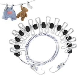 Draagbare Waslijn - Reis Waslijn - Kleding Drogen - 13 Antislip Gespen - 12 Wasknijpers - Wit — thumbnail 1