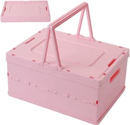 Grote Vouwbare Opbergmand met Handvat en Deksel voor Kasten, Boekenkasten en Badkamer - 30 x 21 x 16.5 cm (Roze) — thumbnail 1