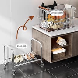 Wasmand met wielen - Kleding organizer - Kleding sorteren - Dubbele opbergruimte - 48x36x66cm - Zilver — thumbnail 5