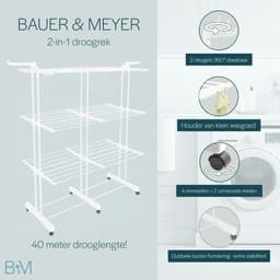 BAUER & MEYER® - Droogrek XL - Wasrek inklapbaar - Incl. 20 wasknijpers + 1x wasmand - 40 Meter drooglengte - Droogtoren Wastoren - 170 x 134 x 65 cm - Wit — thumbnail 3