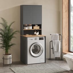 Wasmachinekast met Opbouw en Opbergruimte Badkamer Kast Anthraciet/Eiken — thumbnail 2