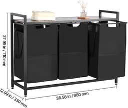 Wasmand van 3 Secties, met Metalen Frame en Houten Top, Grote Vrijstaande Mand met Uittrekbare 600D Oxford-Stoffenzakken voor Het Sorteren van Kleding, Ideaal voor Badkamer Of Wasruimte — thumbnail 3