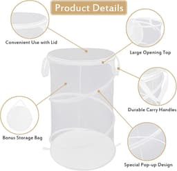 2 stuks - Mesh Pop-Up wasmand - Opvouwbare wasmand - Opvouwbare wasmand met handgrepen - Geschikt voor reiswasruimtes en slaapzalen - Draagbare opbergmand - Zwart + Wit — thumbnail 5