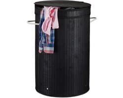 2x wasmand bamboe - ronde wasbox met deksel - 63 x 40 cm - 65 liter - zwart