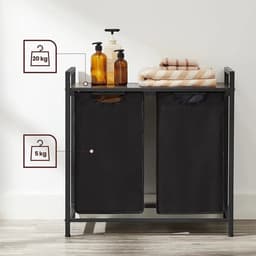 Wasmand 2 Vakken – Wassorteerder 76L – Uitschuifbare Wasmand met Plank – Zwart Metaal & Bruin Hout – 92,5 x 33 x 71 cm — thumbnail 5
