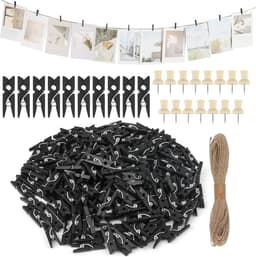 Pack van 200 Houten Klemmen - Kleine Zwarte Natuurlijke Kledingklemmen - Hout met 20 m Jute Touw en 15 Foto Naalden - Mini Wasknijpers voor Foto's - Foto Wand - Postkaarten - Brieven — thumbnail 1