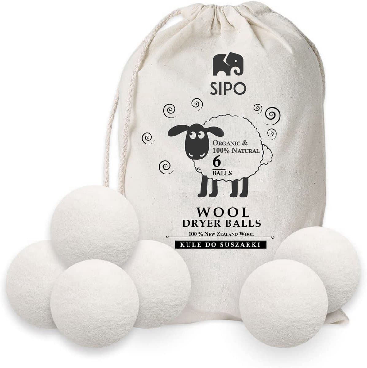 6x Wollen Droger Ballen - 100% Biologische Merinowol - Incl. Opbergzak - Wasverzachter Vervanger - Milieuvriendelijk & Energiebesparend - Sipo — afbeelding 1