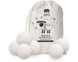 6x Wollen Droger Ballen - 100% Biologische Merinowol - Incl. Opbergzak - Wasverzachter Vervanger - Milieuvriendelijk & Energiebesparend - Sipo