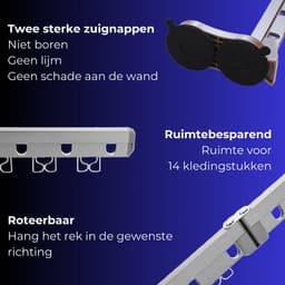 BROËL - Droogrek Hangend - Droogrek Inklapbaar - Wanddroogrek - Kledingrek - Wasrek Hangend - Wasrek Inklapbaar - Kledinghanger - Grijs - Inklapbaar - 14 haken - Aluminium - Met Zuignap — thumbnail 3