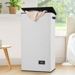 Wasmand met deksel, grijs, groot en stabiel, opvouwbaar, modern, met waszak en handvat, voor het opbergen van kleding en speelgoed, 100 liter — thumbnail 1