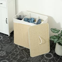 REDOM - Wasmand met deksel - 3 vakken en uitneembare waszak - 144 liter - Bamboe en metalen frame - Crème - 60 x 40 x 60 cm — thumbnail 4