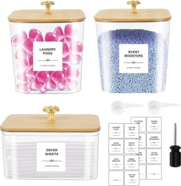 Set van 3 waspods container en droger bladhouder - doorzichtige plastic wasruimte organisatie opslagcontainers met deksels, schepjes en etiketten voor wasmiddelpods, poeder, waskralen, geurboosters — thumbnail 1