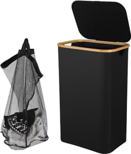 100 liter, wasmanden met handgrepen, wasverzamelaar met uitneembare waszakken, grote opvouwbare wasmand met deksel, voor bijkeuken, slaapkamer, zwart — thumbnail 1