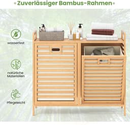 COSTWAY Dubbele wasmand, draaibaar, 75 liter, bamboe wasverzamelaar met 2 afneembare containers, handgrepen, vrijstaande badkamerkast, 80 x 30 x 72 cm, voor wasruimte, badkamer, slaapkamer — thumbnail 5