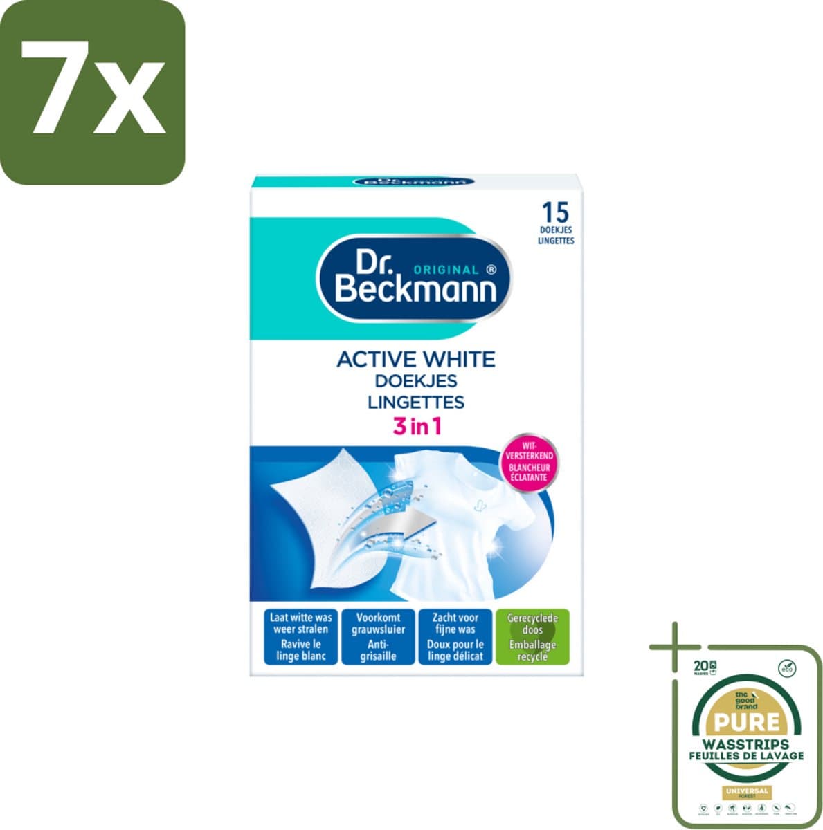 7 x Dr. Beckmann - Kleurverzorging - Active White - Witte Was - 15 Doekjes - Grootverpakking - Witwas - Grauwsluier Verwijderen - Witte Was Herstellen - Actieve Witmaker - Was Reinigen — afbeelding 1