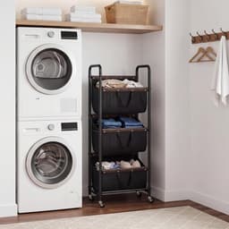 SAYS Wasmand met 3 Vakken, Wasmand op Wieltjes, Organisatie en Opbergruimte voor de Wasruimte, Waskar met 3 Vakken op Wieltjes voor Studentenkamers, Badkamers, Slaapkamers en Kasten, Zwart — thumbnail 3