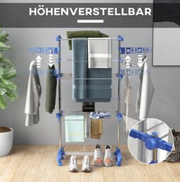 MEUNIQ Droogtoren met 3 niveaus, 6 wielen en verstelbare zijarmen, inklapbaar droogrek voor binnen, staal, 55 x 142 x 152 cm, blauw — thumbnail 3