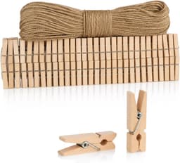 Thijox - 120 Mini Wasknijpers Houten Clips met 50m Jute Touw - Decoratie voor Foto's, Collages, Ansichtkaarten, Geluksgeschenken - Natuurlijke Kleur v — thumbnail 1