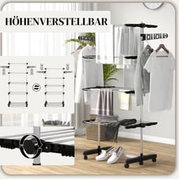 MEUNIQ Droogtoren 142 x 55 x 172 cm met 5 niveaus, inklapbaar wasrek met verstelbare zijstang, 6 wielen en draagvermogen 30 kg voor binnen, zwart en zilver — thumbnail 5