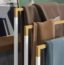 MEUNIQ Vrijstaand handdoekenrek met 3 stangen 45 x 22,5 x 86 cm van metaal en bamboe voor badkamer, staand droogrek zonder boren, wit — thumbnail 5