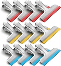 Verpakking van 12 - 3" roestvrijstalen siliconen sluitclips - Siliconen gecoat, geen scherpe randen - Luchtdichte afsluiting - Antislipstrips - Geschikt voor keukens/kantoren - Werkt ook als ticketclip - Rood, blauw en geel — thumbnail 1