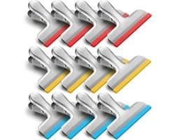 Verpakking van 12 - 3" roestvrijstalen siliconen sluitclips - Siliconen gecoat, geen scherpe randen - Luchtdichte afsluiting - Antislipstrips - Geschikt voor keukens/kantoren - Werkt ook als ticketclip - Rood, blauw en geel