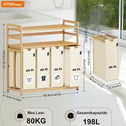 Wasmand Met Vakken - Kleding Opberger - Sorteer Wasgoed - Dubbele Bamboe Plank - 198 Liter - Beige — thumbnail 2