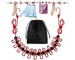 Dailygoods - Waslijn camping, reiswaslijn met 12 stuks klemmen en opbergtas, draagbare uittrekbare waslijn voor outdoor, tuin, reizen, drogen in de open lucht