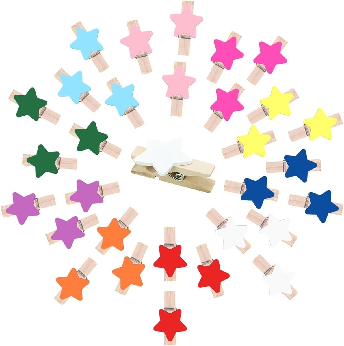 SnelShoppen - 100 Mini Houten Knijpers Stervormig, Kleurrijke Fotoknijpers voor Creatieve Projecten, Adventskalender & Decoratie (Multicolor) — afbeelding 1