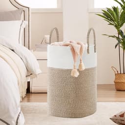 60L Katoenen Touw Wasmand Hoge Geweven Wasmand met Handvatten, Opvouwbare Kleding Mand voor Dekens Handdoeken Wasserij Opslag Kwekerij Slaapkamer Badkamer Woonkamer — thumbnail 3
