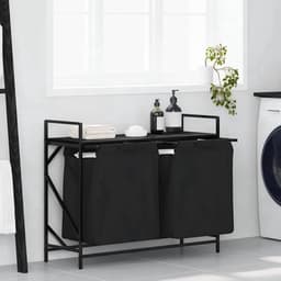 Wasmand – Laundry Basket – Wasbox – Wasopberger – Waszakken – Met Twee Compartimenten – Bovenste Opbergrek – Zwart Stalen Frame – Eiken Houtlook — thumbnail 2