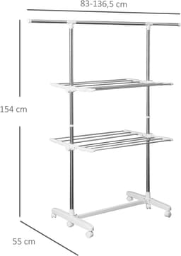 MEUNIQ Droogtoren verrijdbaar en inklapbaar 136,5 x 55 x 154 cm met 2 niveaus, verstelbare hoogte, zijvleugels en zwenkwielen voor binnen en buiten in zilver — thumbnail 2