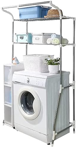 Opbergplank Boven de Wasmachine Toilet Opbergrek 2 Planken Badkamer Ruimtebespaarder Wasruimte Organizer met Ophangstang, Eenvoudige Montage, Verstelbare (62-101) x 173 x 48 cm, Ivoor — thumbnail 1