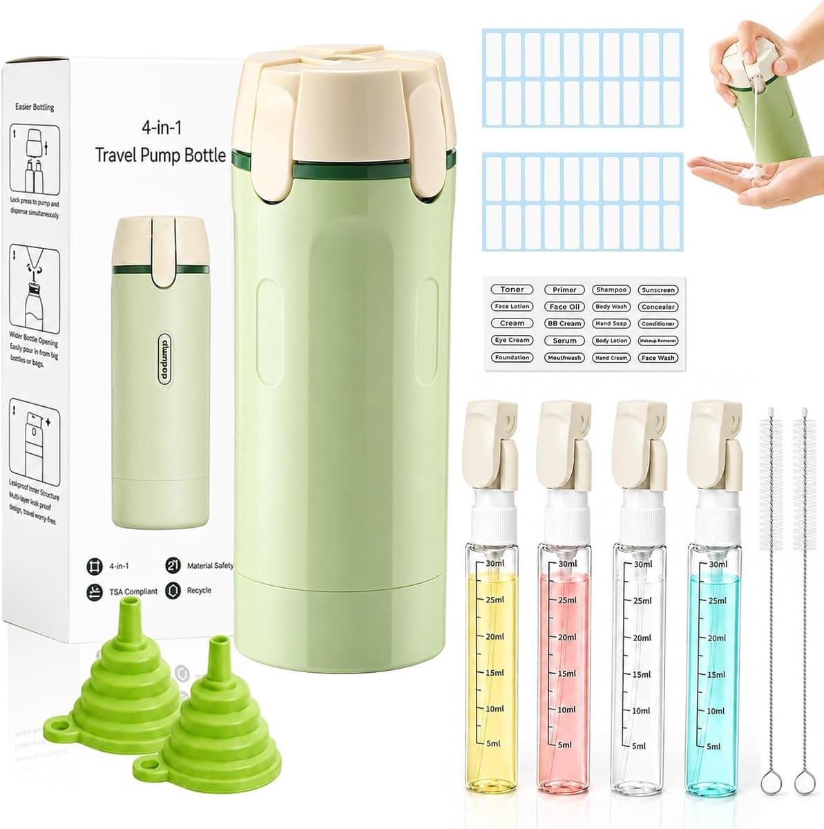4 in 1 Travel Dispenser Bottle(Includes Labels、funnel、Cleaning Straw Brush) | 4 in 1 Travel Bottle Dispenser丨4 in 1 Travel Bottle Dispenser for Shampoo Lotion Conditioner Cream Essentials — afbeelding 1