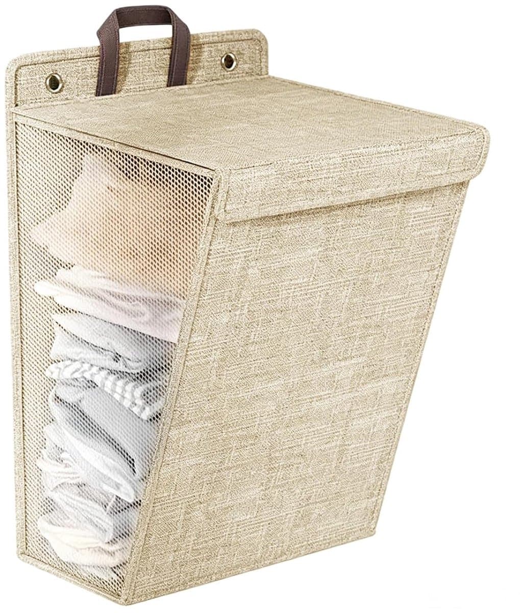 Opvouwbare wasmand met deksel en handvat, wandwasmand (beige) — afbeelding 1