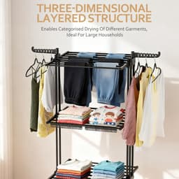 Soontrans Metalen Wasrek Met Wielen – Inklapbaar & Uitschuifbaar, 3 Verdiepingen Droogtoren 66x50x170cm, Multifunctioneel Voor Binnen/Buiten/Balkon, Stevig en Langleven, Inclusief 2 Sokkenclips en 1 Dubbellaagse Droogmand (Zwart) — thumbnail 2