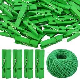 50x Mini Houten Kleerhangers met 50 Meter Jute Touw - Decoratieve Fotohangers voor Galerijwand — thumbnail 1