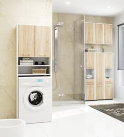 Badkamerkast voor Wasmachine FIN / Hoge Wasmachinekast met 2 Deuren / AKORD Furniture Factory / Wit - Sonoma Eik / 64 x 180 x 30 cm — thumbnail 3