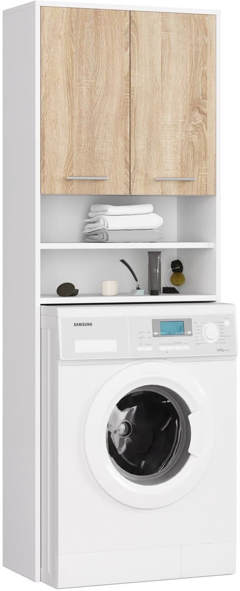 Badkamerkast voor Wasmachine FIN / Hoge Wasmachinekast met 2 Deuren / AKORD Furniture Factory / Wit - Sonoma Eik / 64 x 180 x 30 cm — afbeelding 1