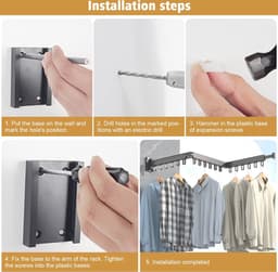 Intrekbaar Wanddroogrek voor Kleding met Handdoekhouder - Opvouwbaar Aluminium Droogrek voor Balkon, Badkamer en Terras — thumbnail 5