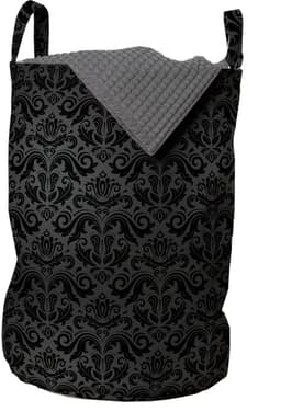 ABAKUHAUS donkergrijze waszak, zwarte damastbloemen, wasmand met handvatten en trekkoord voor wasserettes, Black Grey — thumbnail 1