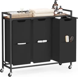 VASAGLE Wassorteerder, 43,5 Gal. (165 L) Wasmand met 3 compartimenten, rolkar met wielen, plank, verwijderbare zakken, zakken, inktzwart en rustiek bruin BLH031B01 — thumbnail 1