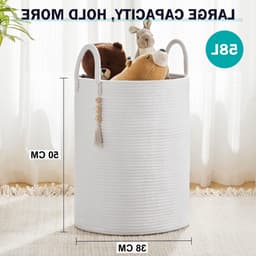Katoenen Wasmand 58L Wasmand van Touw - Handgemaakte Gevlochten Laundry Basket - Opvouwbare Opbergmand met Handgrepen - Grote Wasmand Organizer 38x38x50 cm - Decoratieve Wasmand voor Kleding, Speelgoed, Dekens — thumbnail 2