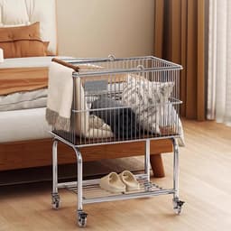 Wasmand met wielen - Kleding organizer - Kleding sorteren - Dubbele opbergruimte - 48x36x66cm - Zilver — thumbnail 4
