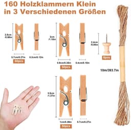 Dailygoods- Wasknijpers Houten - 160 Stuks - Kleine Clips 2.5/3/3.5cm - Jute Touw 10m - Spijkers - Creatieve Decoratie - Fotoclips — thumbnail 2