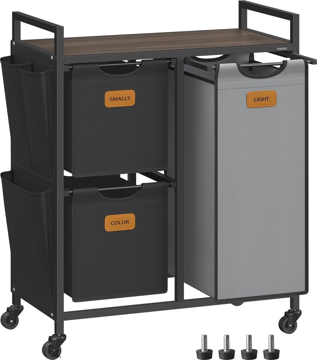 FurnStar Wasmand 3 Vakken – Wasverzamelaar met Rollen en Plank – 100L – Wassorteerder met 6 Etiketten – Kleine Zijzakken – 68,6 x 33 x 80,5 cm – Kastanjebruin, Inktzwart, Duifgrijs — afbeelding 1