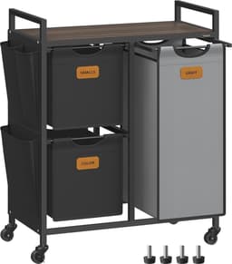 FurnStar Wasmand 3 Vakken – Wasverzamelaar met Rollen en Plank – 100L – Wassorteerder met 6 Etiketten – Kleine Zijzakken – 68,6 x 33 x 80,5 cm – Kastanjebruin, Inktzwart, Duifgrijs — thumbnail 1