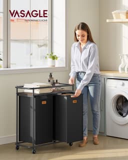 VASAGLE - Wasmand - Wasmand met Wielen - 2 Vakken - Met Afneembare Tassen en Etiketten — thumbnail 3
