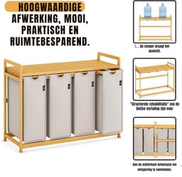 Nexvo® Wasmand 4 Vakken - Wassorteerder - Wasmand - met Verwijderbare Waszak - Licht Grijs/Beige- 107cm x 42cm x 77cm — thumbnail 3
